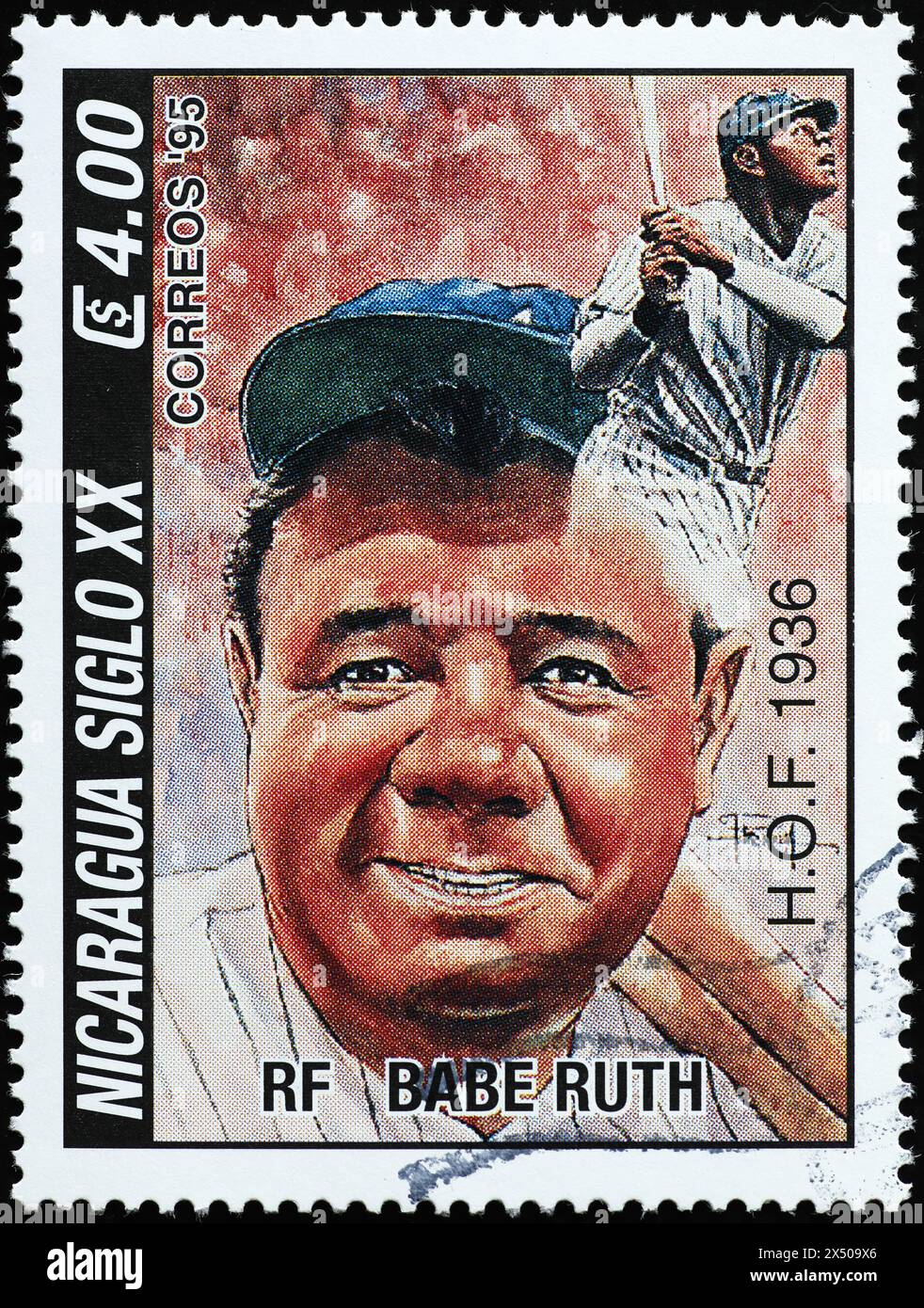 Baseballspieler Babe Ruth auf Briefmarke aus Nicaragua Stockfoto