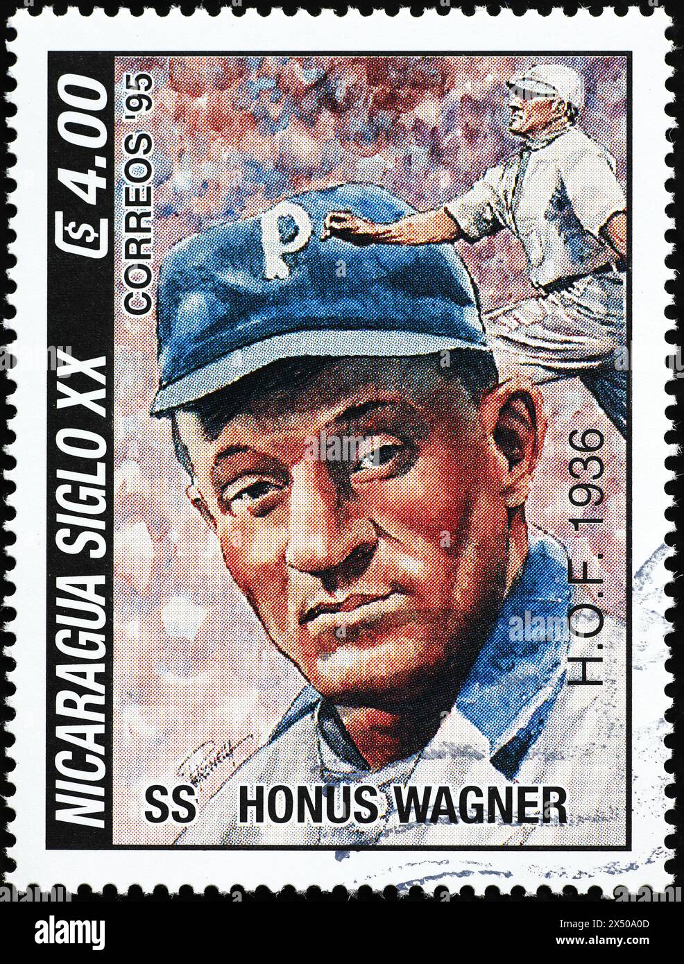 Baseballspieler Honus Wagner auf Briefmarke aus Nicaragua Stockfoto