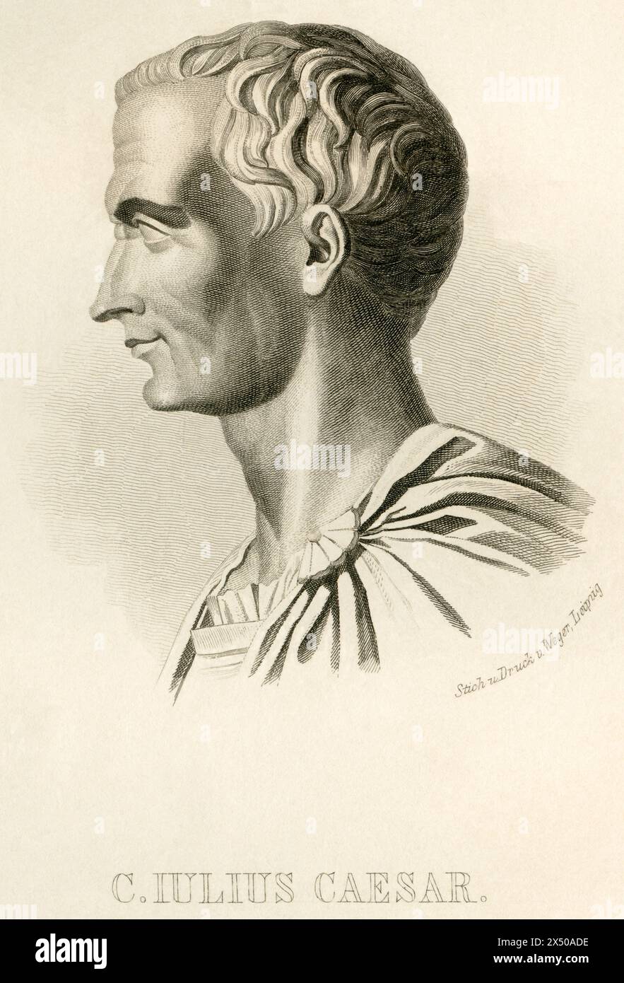 Gaius Iulius Caesar, römischer Staatsmann, Stratege und Autor, Porträt, Gravur und Druck von Weger, URHEBERRECHT DES KÜNSTLERS IST NICHT ZU LÖSCHEN Stockfoto