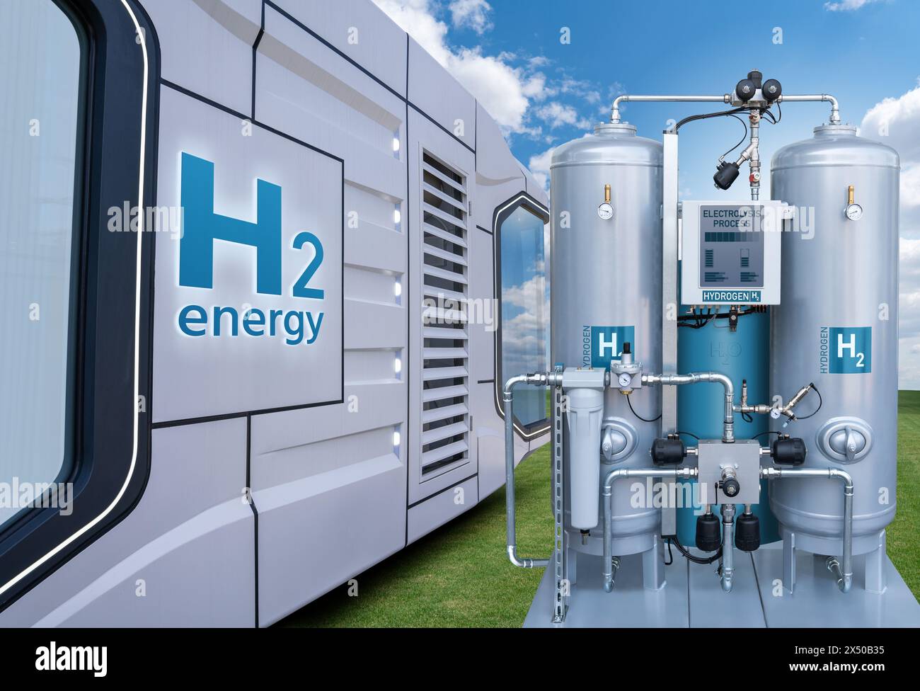 Konzept eines futuristischen modularen Hauses mit grüner Wasserstoffenergie Stockfoto