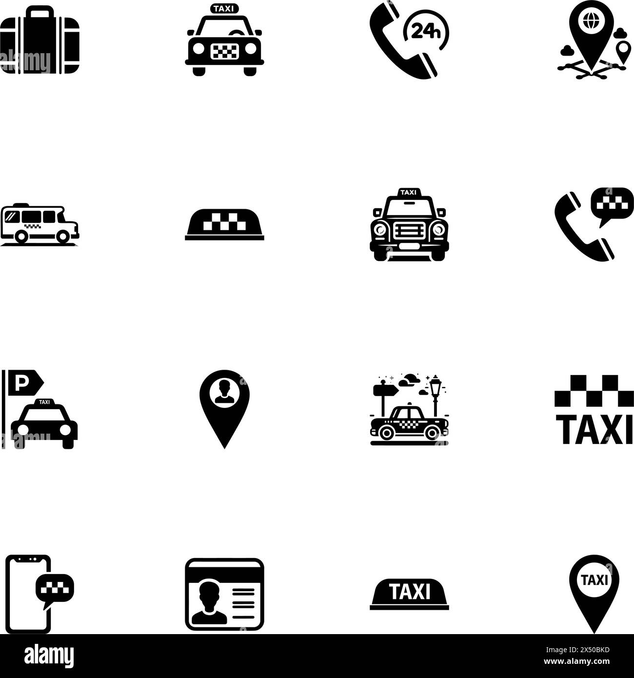 Taxi-Symbol – auf beliebige Größe erweitern – in beliebige Farbe ändern. Perfect Flat Vector enthält Symbole wie Auto, Transport, Reise, Anruf, Fahrer, Passagier, ph Stock Vektor