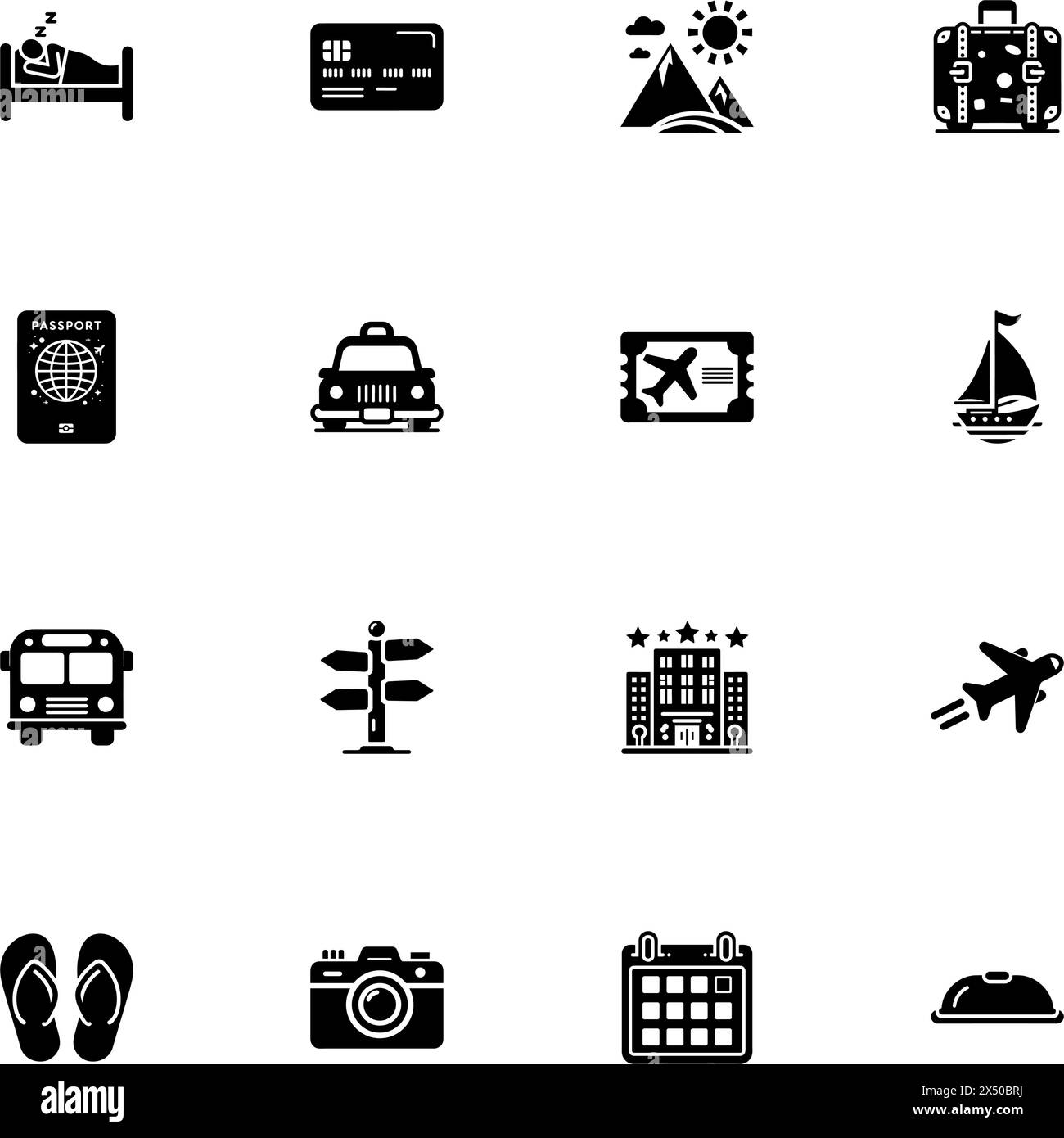 Reisesymbol – auf beliebige Größe erweitern – in beliebige Farbe ändern. Perfect Flat Vector enthält solche Symbole wie Taxi Auto, Bus, Transfer, Flugzeug, Gepäck, destin Stock Vektor