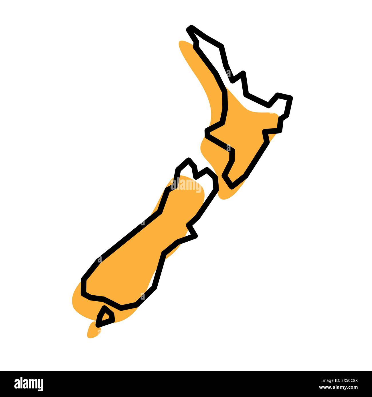 Vereinfachte Karte für das Land Neuseelands. Orangefarbene Silhouette mit dicker schwarzer, scharfer Kontur, isoliert auf weißem Hintergrund. Einfaches Vektorsymbol Stock Vektor