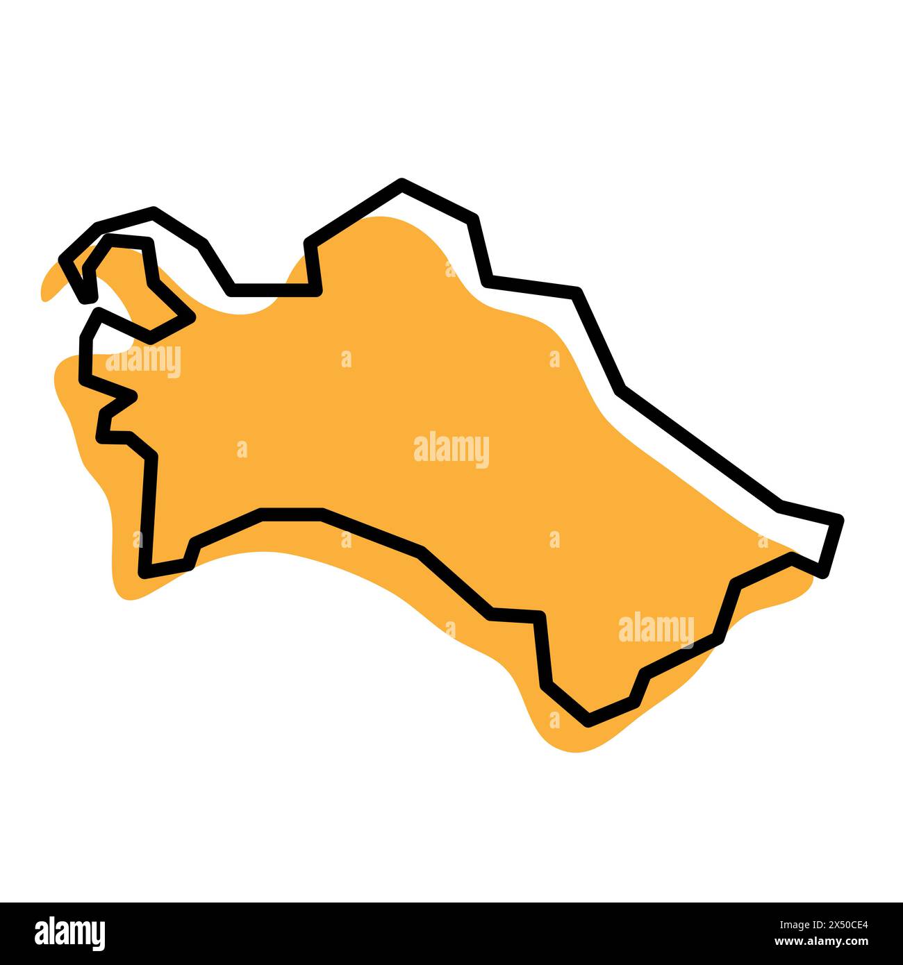 Vereinfachte Karte für Turkmenistan. Orangefarbene Silhouette mit dicker schwarzer, scharfer Kontur, isoliert auf weißem Hintergrund. Einfaches Vektorsymbol Stock Vektor