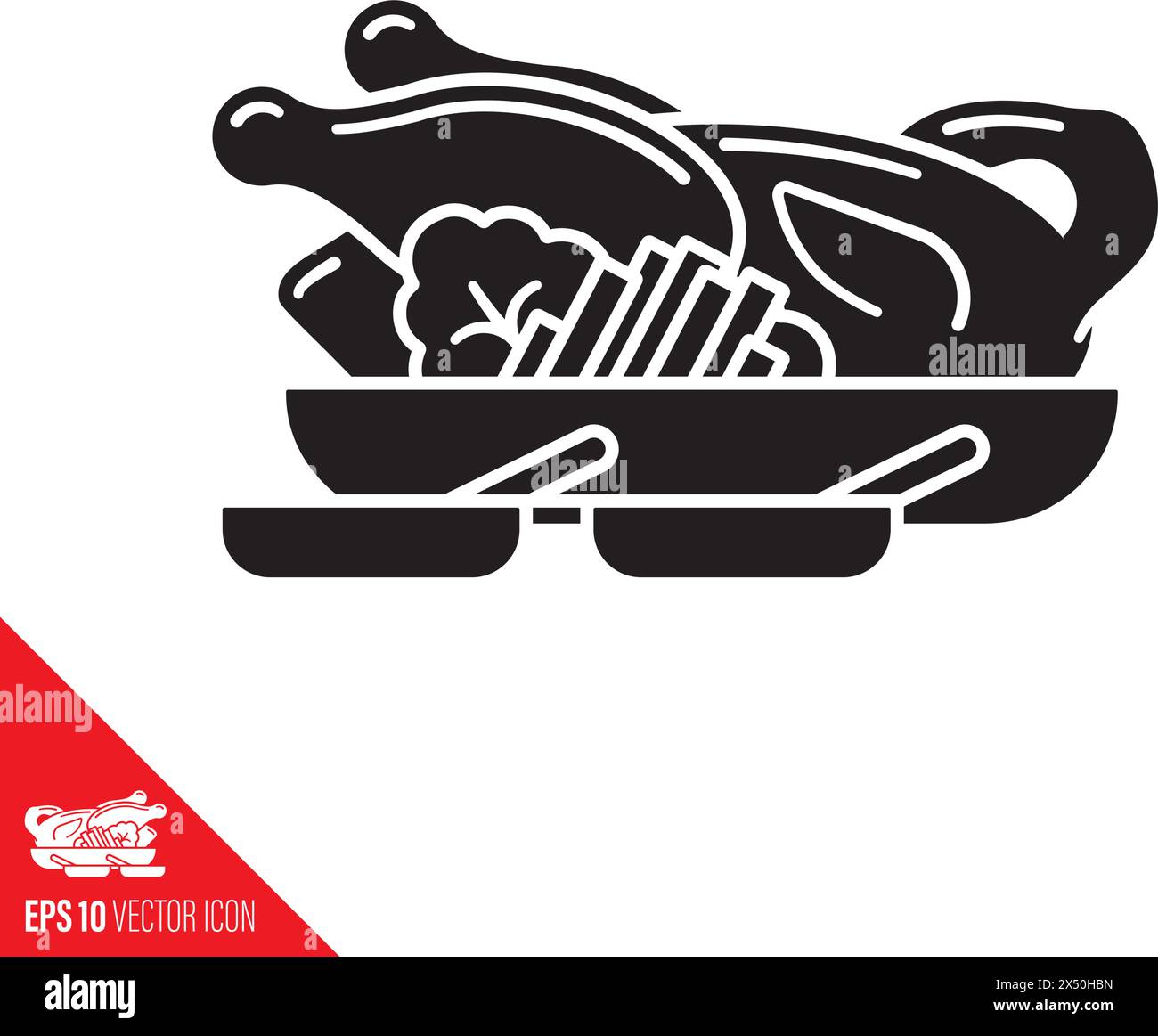 Peking-Entengericht mit Frühlingszwiebeln, Salat und Soße Schüsseln Vektor-Glyphe-Symbol Stock Vektor