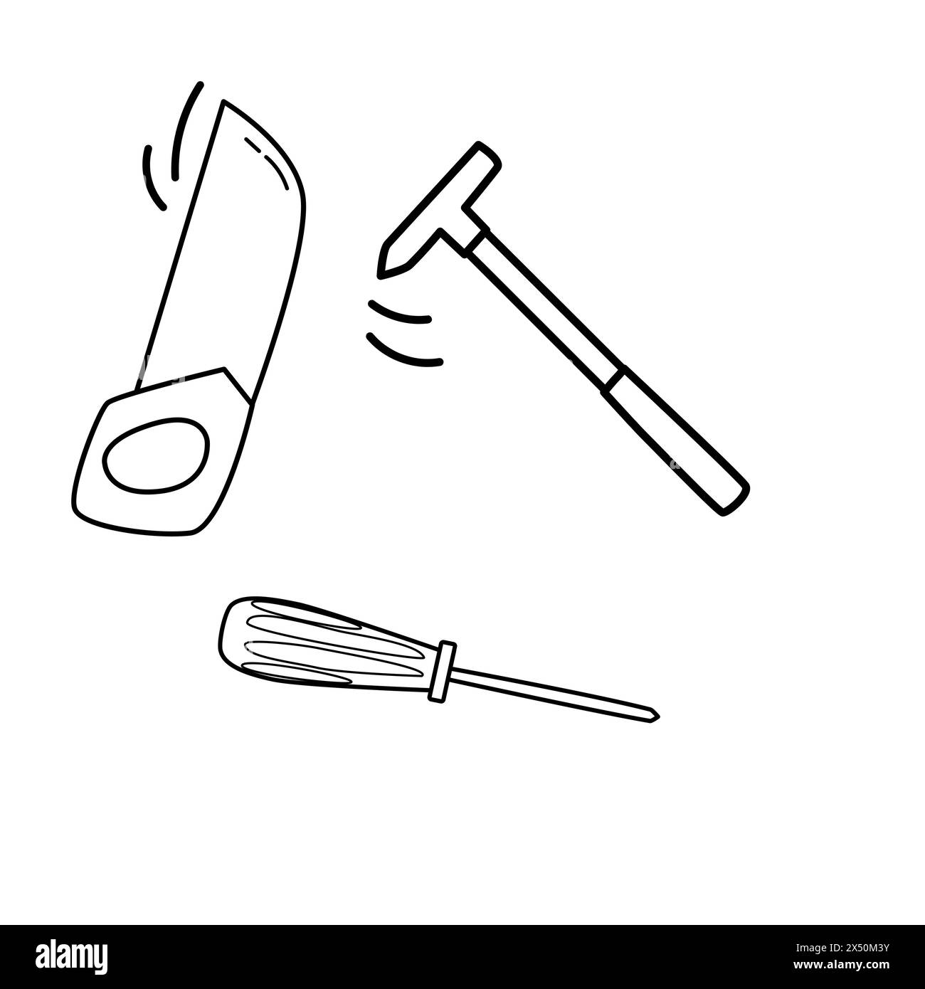 Arbeitswerkzeuge. Verschiedene Instrumente. Bau-, Gebäude-, Reparaturkonzept. Schraubendreher, Säge, Schere, Schraubenschlüssel. Handgezeichneter Vektorsatz. Alle Elemente Stock Vektor