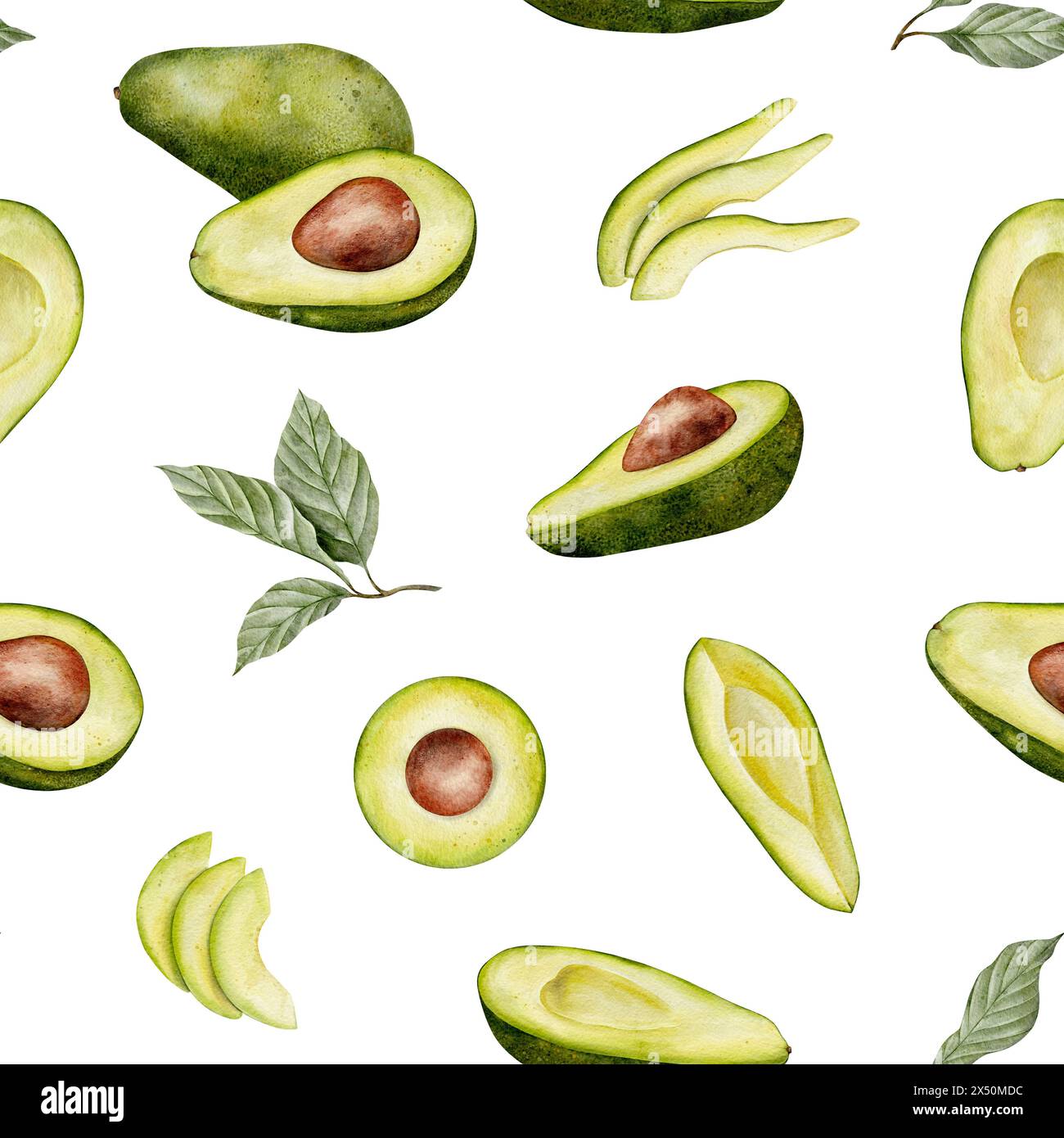 Nahtloses Avocado-Muster in Aquarellfarben. Grüne Gemüseillustration. Handgezeichneter botanischer Pflanzenzeichnungshintergrund für Verpackung, Textil, Stoff und Lebensmittel Stockfoto