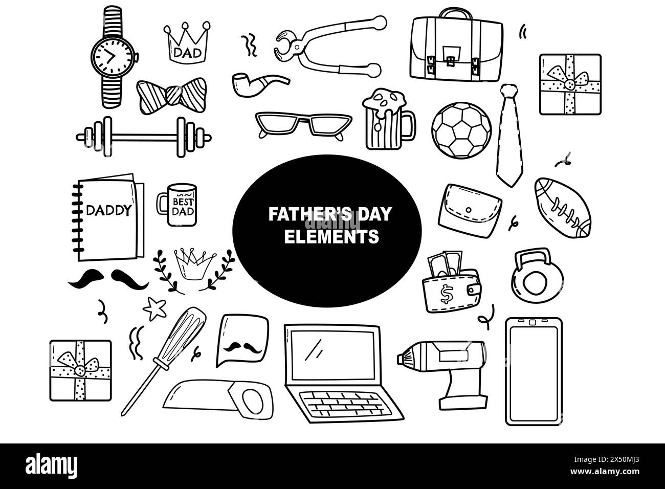 Alles Gute zum Vatertag Elemente Doodle Design, Feier Accessoires Nachricht Dekoration Party für Grußkarte, Banner, Poster Stock Vektor
