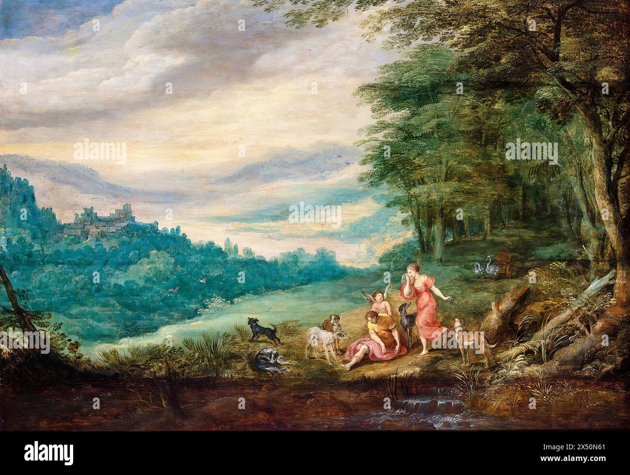 Joos de Momper der Jüngere, Jan Brueghel der Jüngere, Venus trauert um Adonis in Einer Panorama-Waldlandschaft, Gemälde in Öl auf Platte, 1625-1629 Stockfoto