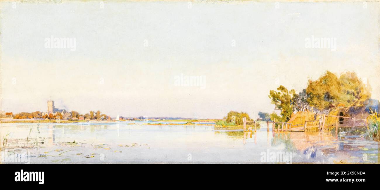 Frederick George Cotman, Christ Church Ferry, (Christchurch, Dorset), Landschaftsmalerei in Aquarell und Gouache, 1859 Stockfoto