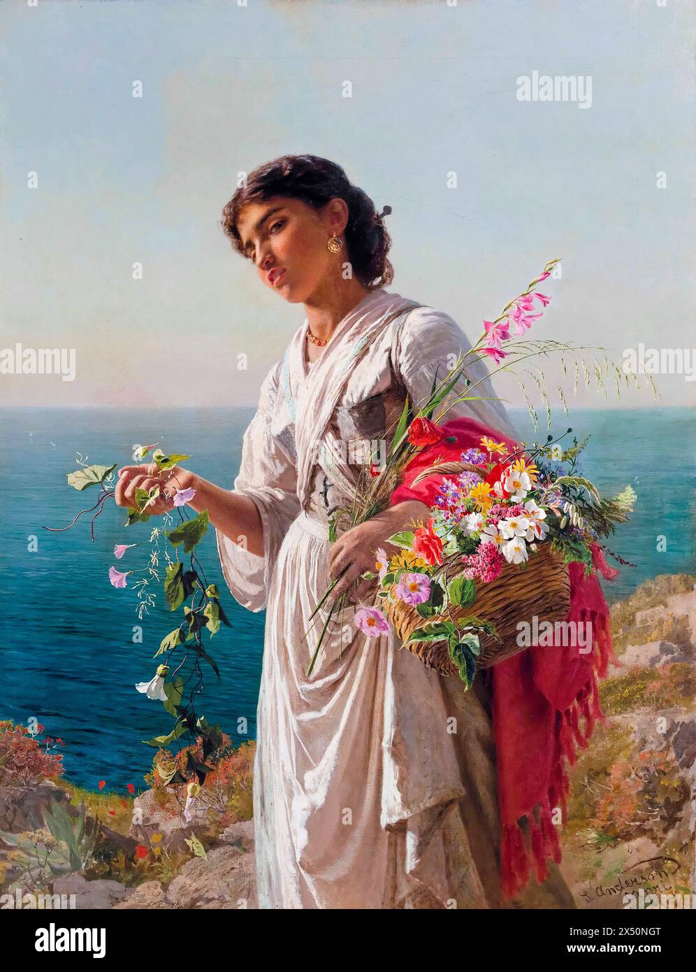 Sophie Gengembre Anderson Porträtgemälde, das Blumenmädchen, Capri, Öl auf Leinwand, 1871-1894 Stockfoto