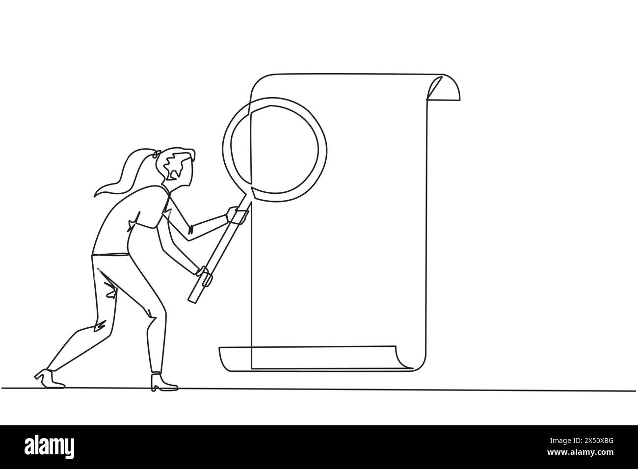 Eine einzige einzeilige Geschäftsfrau stand mit der Lupe und hob ein Papierrollenpapier hervor. Bewertet die Produktkonformität in Übereinstimmung mit den Unternehmensrichtlinien Stock Vektor