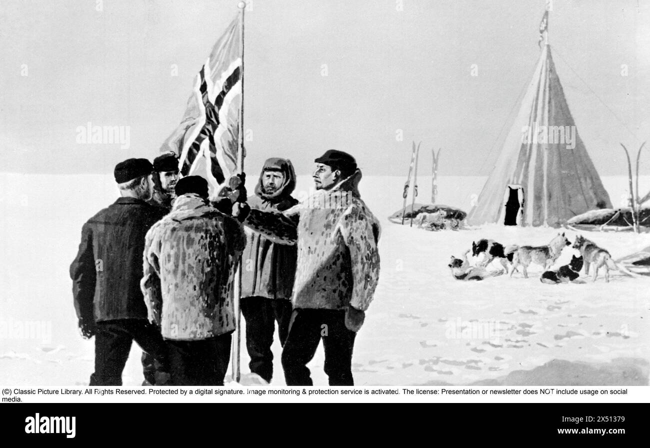 Roald Amundsen. Norwegischer Polarforscher. 1872-1928. Die Südpol-Expedition 1910–1912. Nachdem Amundsen 1903–1906 mit der Gjøa durch die Nordwestpassage gefahren war, plante Amundsen eine Expedition zum Nordpol. Er konnte Nansens Fram ausleihen und für eine Nordpolexpedition ausrüsten. Aber nachdem er die Nachricht erhielt, dass Robert Peary den Pole Point erreicht hatte, entschied er sich, auf den Südpol zu setzen. Amundsen befürchtete, dass Nansen Fram zurücknehmen würde, wenn er von den geänderten Plänen erfährt, und erzählte daher nur seinem Bruder und dem Kapitän von Fram, Thorvald Nilsen, dass der Südpol der Fall sei Stockfoto