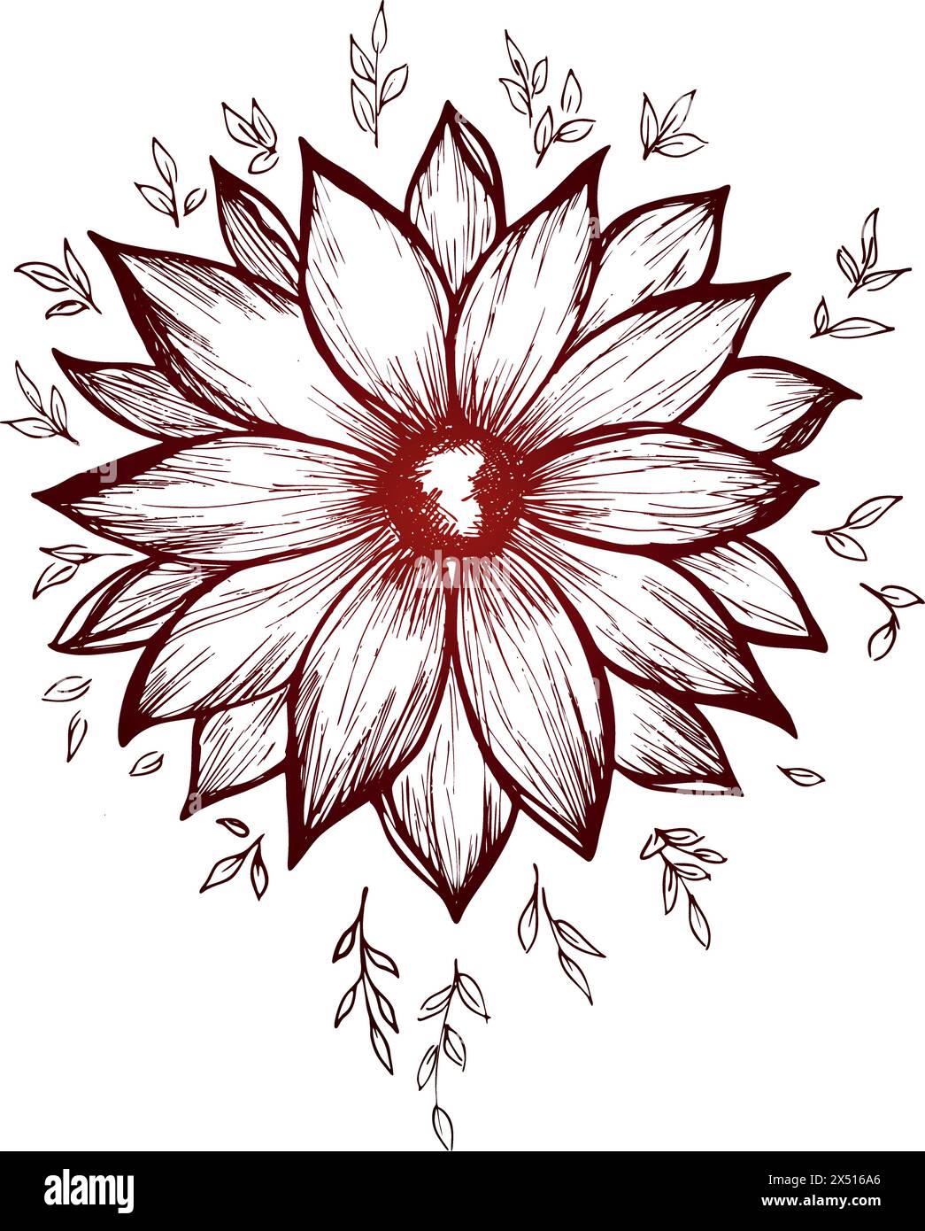 Vektor-rote Blumenkunst. Farbige Illustration von Blumen im Stil der Strichkunst. Stock Vektor