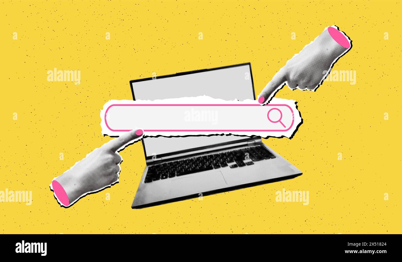 Trendige Halbtoncollage Laptop-Banner-Vektor-Illustration Stock Vektor