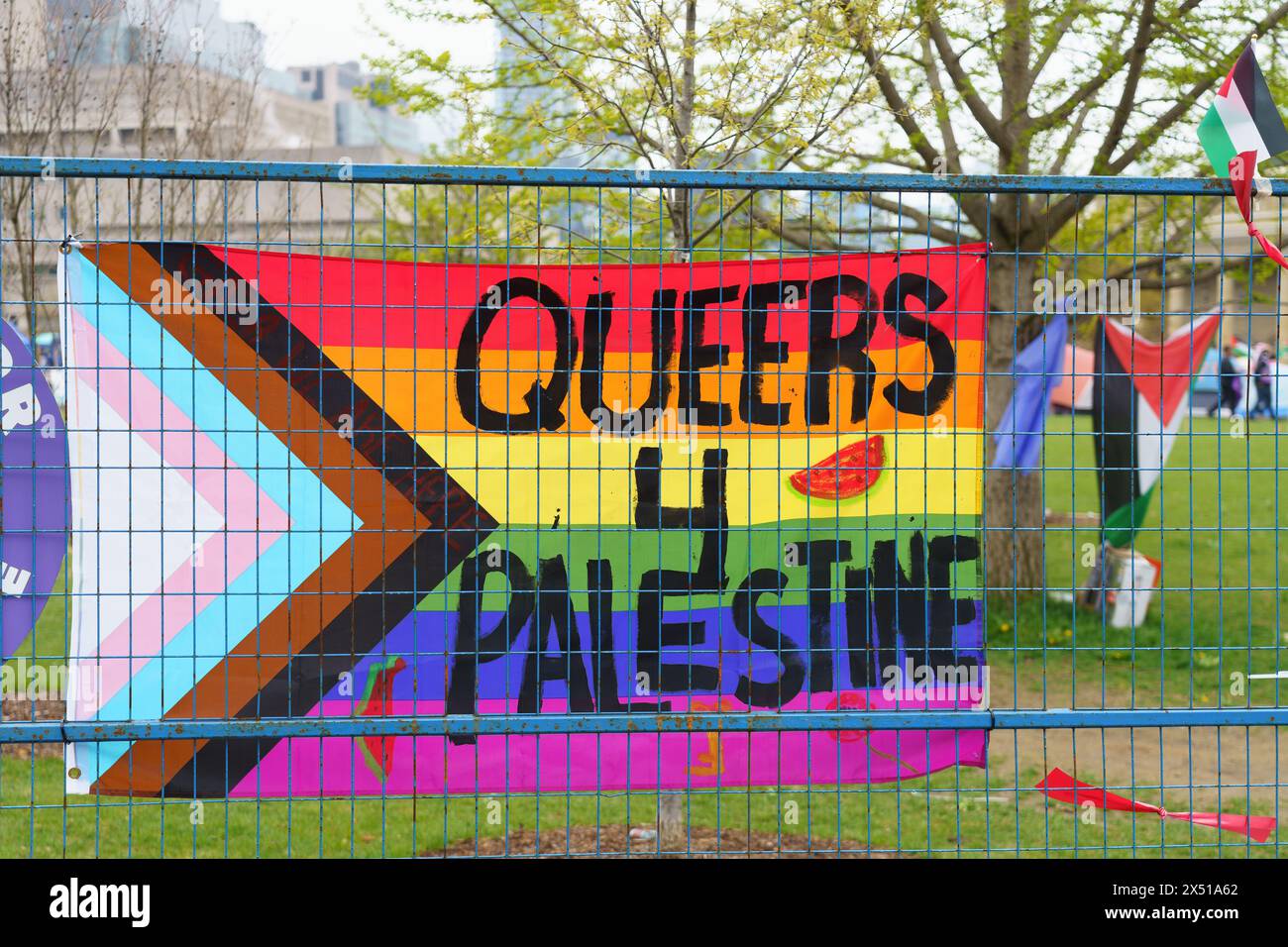 Protestaktionen im Lager zur Unterstützung der palästinensischen Sache während des Israel-Hamas-Konflikts in Toronto, Kanada am 5. Mai 2024 Stockfoto