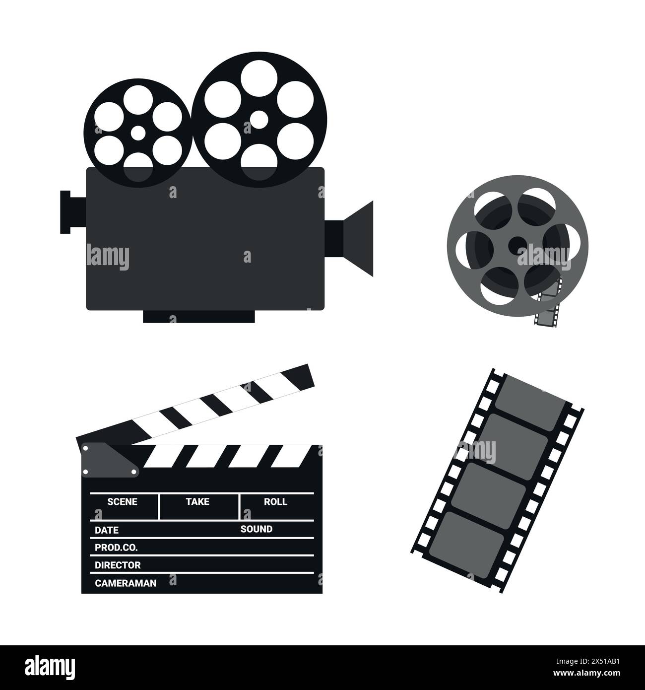 Kinosymbole. Videokamera, Filmrolle, Trennwand und Filmstreifen isoliert auf weißem Hintergrund. Vektorabbildung in abgewickelter Form Stock Vektor