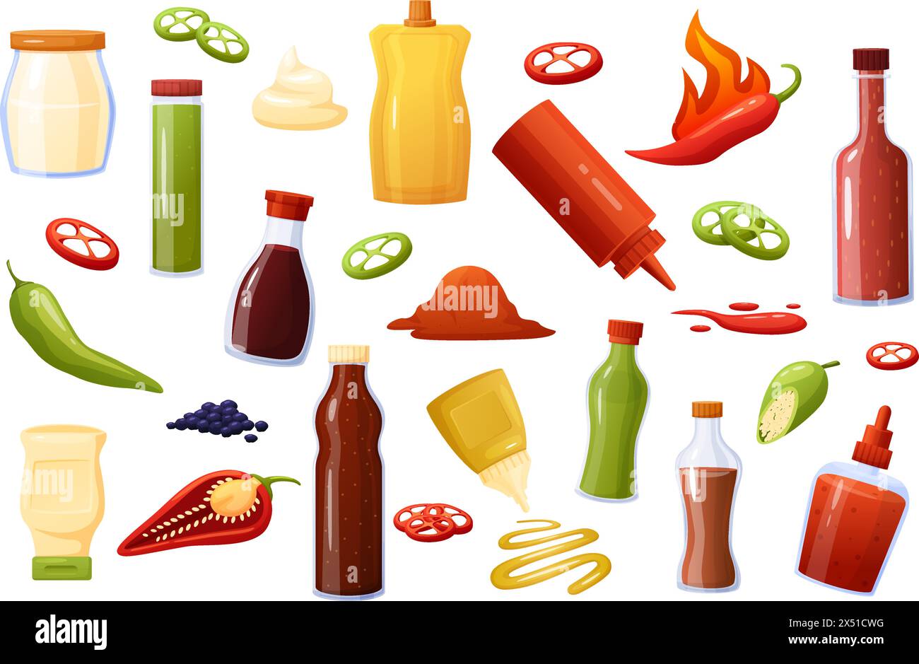 Saucen-Elemente. Scharfe Sauce, Chili, Soja und Wasabi. Paprika Scheiben und Pulver, Senftropfen. Verschiedene Flaschen und Gewürze, heute Vektor Stock Vektor