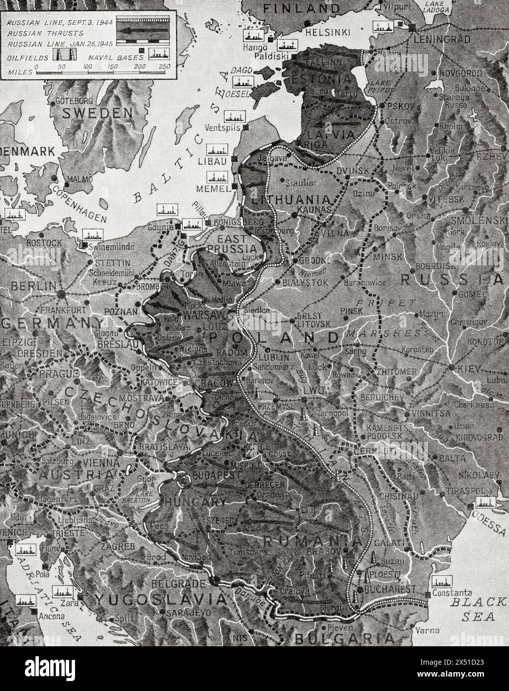 Karte, die die Geschwindigkeit des Vorstoßes der russischen Armee in das Herz des Reichsgebiets im Januar 1945 während des Zweiten Weltkriegs zeigt. Aus dem Krieg in Bildern, sechstes Jahr. Stockfoto