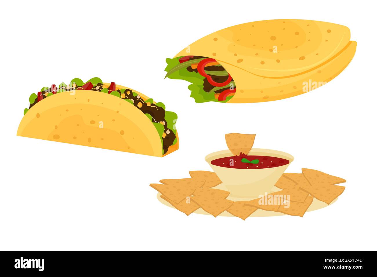 Mexikanisches traditionelles Essen Set mit Burrito, Tacos, Nachos isoliert auf weißem Hintergrund Stock Vektor Illustration. Helles, farbenfrohes Fast Food, typische Küche. Stock Vektor