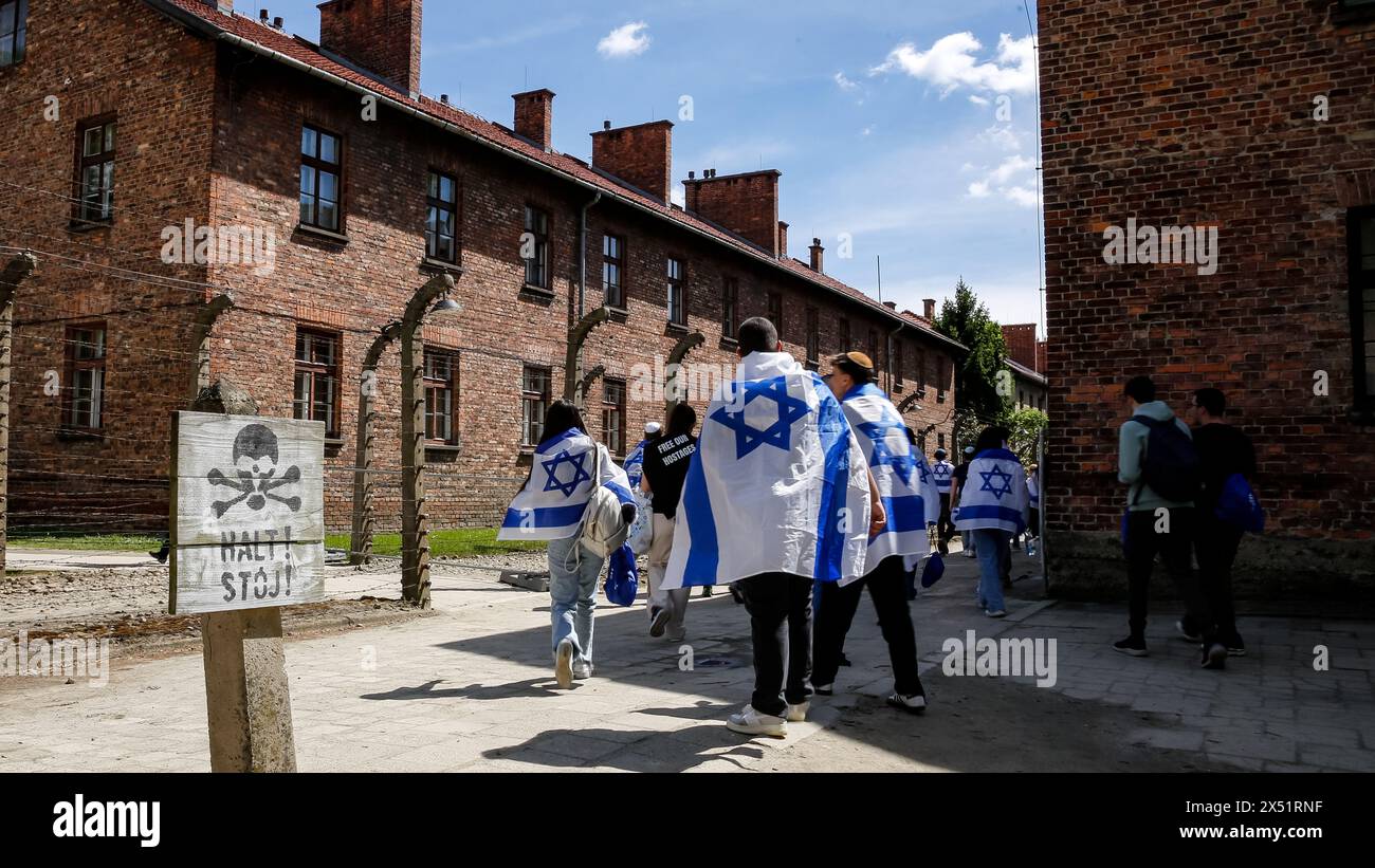 Besucher, die mit israelischen Fahnen bedeckt sind, besuchen Ausstellungen, während sie zum Marsch der Lebenden im Lager Auschwitz ankommen. Am 06. Mai 2024 nahmen 55 Holocaust-Überlebende in O?wi?cim, Polen, Teil. Holocaust-Überlebende und 7. Oktober-Überlebende nehmen am Marsch der Lebenden zusammen mit einer Delegation unter anderem aus den Vereinigten Staaten, Kanada, Italien, Vereinigtes Königreich. Am Holocaust-Gedenktag im jüdischen Kalender (Yom HaShoah) marschieren Tausende von Teilnehmern schweigend von Auschwitz nach Birkenau. Der marsch hat einen Aufklärungs- und Erinnerungszweck. Dieser März war hochpolitisch Stockfoto