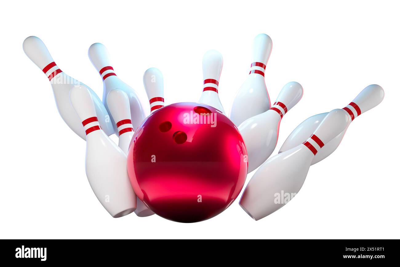 3D-Darstellung einer leuchtend roten Bowlingkugel am Rande des Schlagens weißer Nadeln. 3D-Rendering Stockfoto
