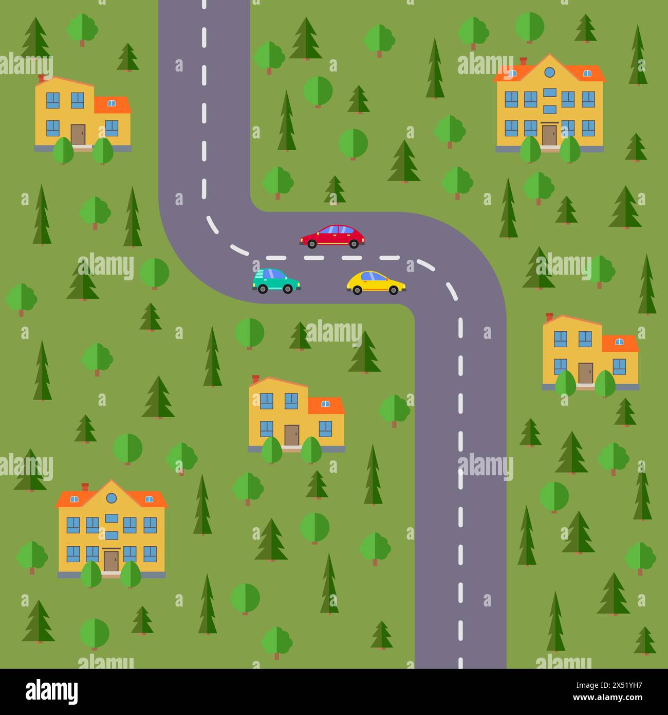 Plan des Dorfes. Landschaft mit Straße, Wald, Autos und Häusern. Vektorabbildung Stock Vektor