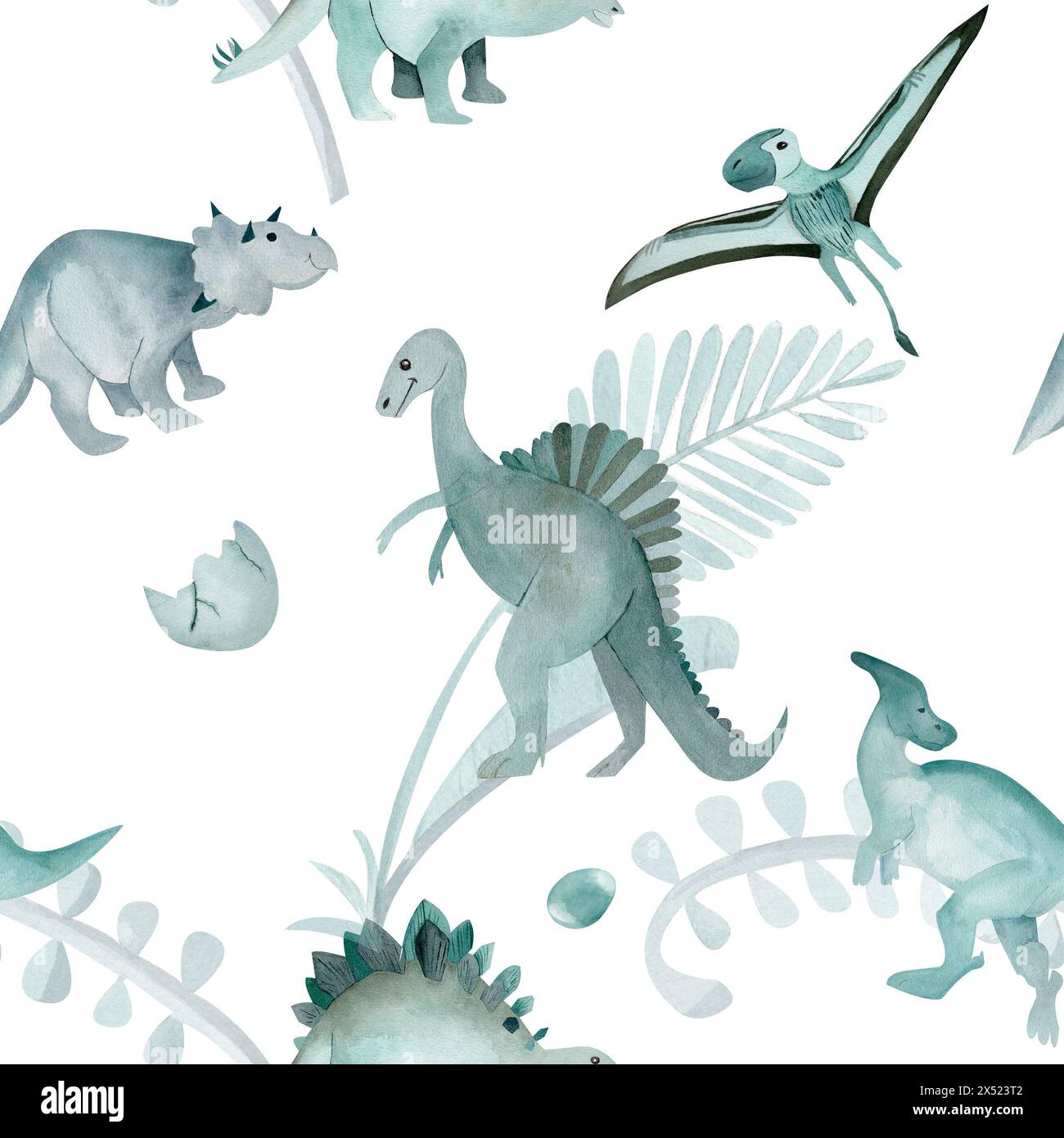 Einfarbiges, nahtloses Aquarellmuster mit Dinosauriern auf weißem Hintergrund, das triceratops, Spinosaurus, parasaurolophus und Pterodactyl kombiniert. Ideal Stockfoto