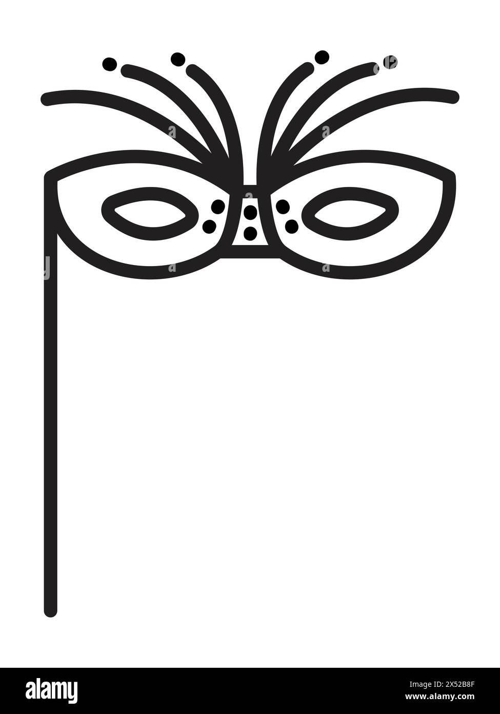 Festliche Maskerade Maske mit Stock und Dekorationen in Form von Feuerwerk, Funken. Symbol für schwarze Vektorlinie Stock Vektor