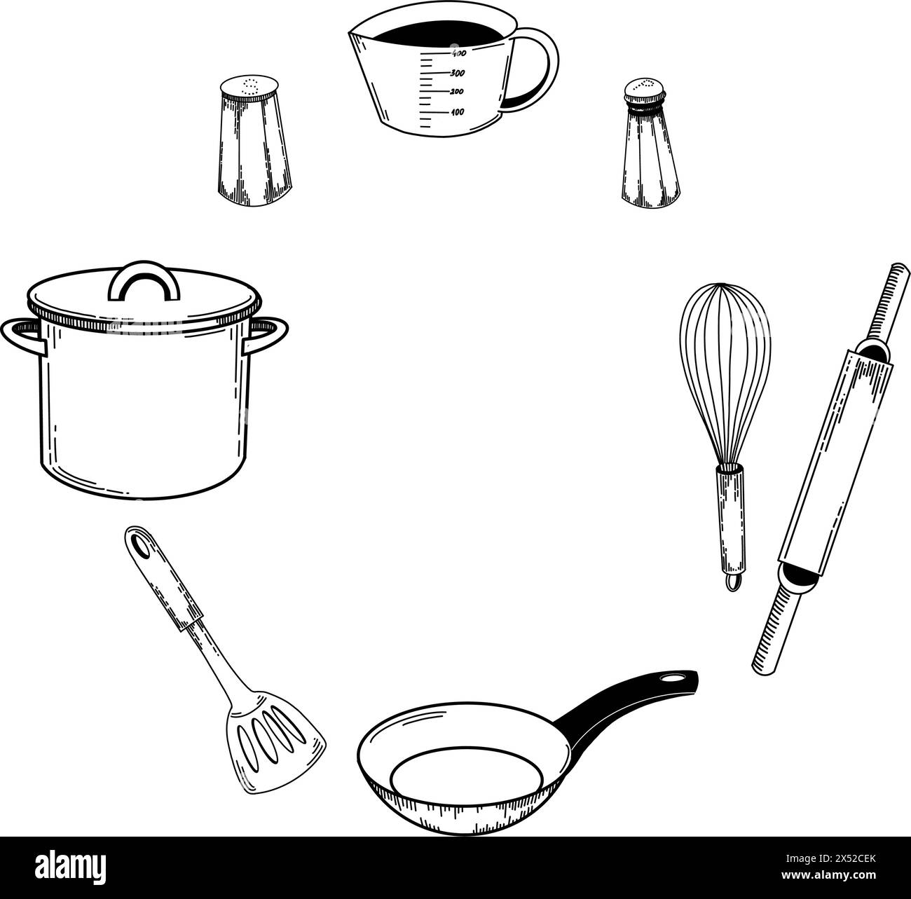 Kochgeschirr. Einen Topf, Messbecher zum Kochen, einen Schneebesen, eine Nudelnadel, eine Bratpfanne, Salz und Pfeffer, alle Objekte werden in Vektor in Schwarz gezeichnet. Stock Vektor