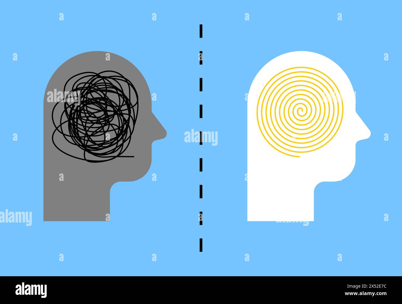 Psychische Gesundheitspsychotherapie. Verwirrte Gedanken und strukturierte Gedanken im Kopf. Verwirrung im Kopf und Spirale Stock Vektor