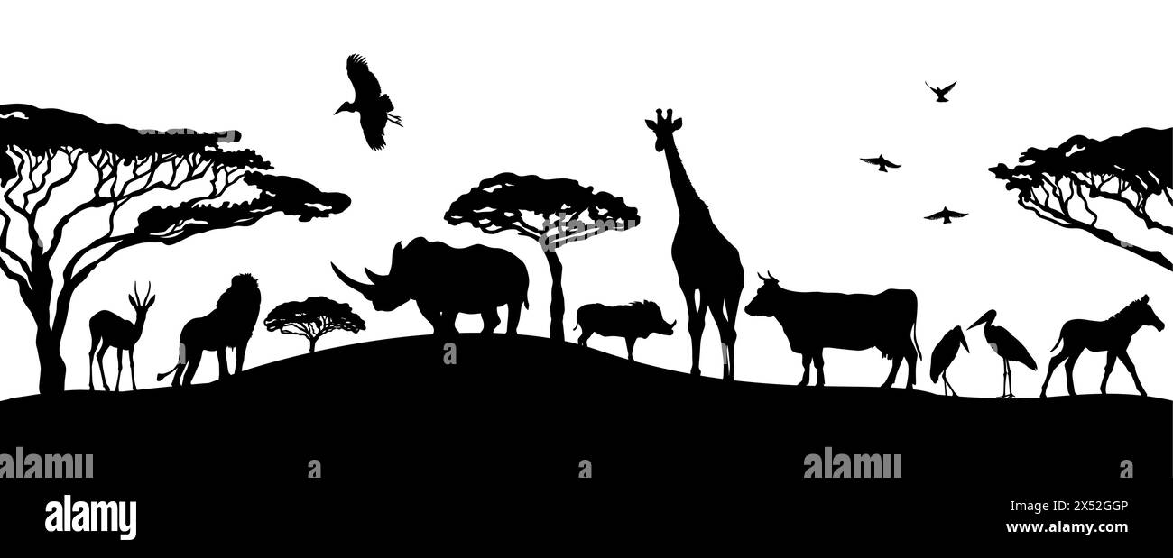 Afrikanische Landschaftssilhouetten von Tieren. Handzeichnung. Nicht AI, Vektorillustration Stock Vektor