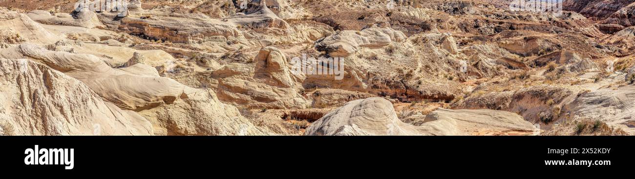 Weißes, lehmiges Sediment, das aus dem nahe gelegenen Schießvisier Butte stammt, bedeckt einen Großteil des roten Sandsteins bei der Kanab-Krötenwanderung in Utah und sorgt so für einen schönen, kontrastreichen Kontrast Stockfoto