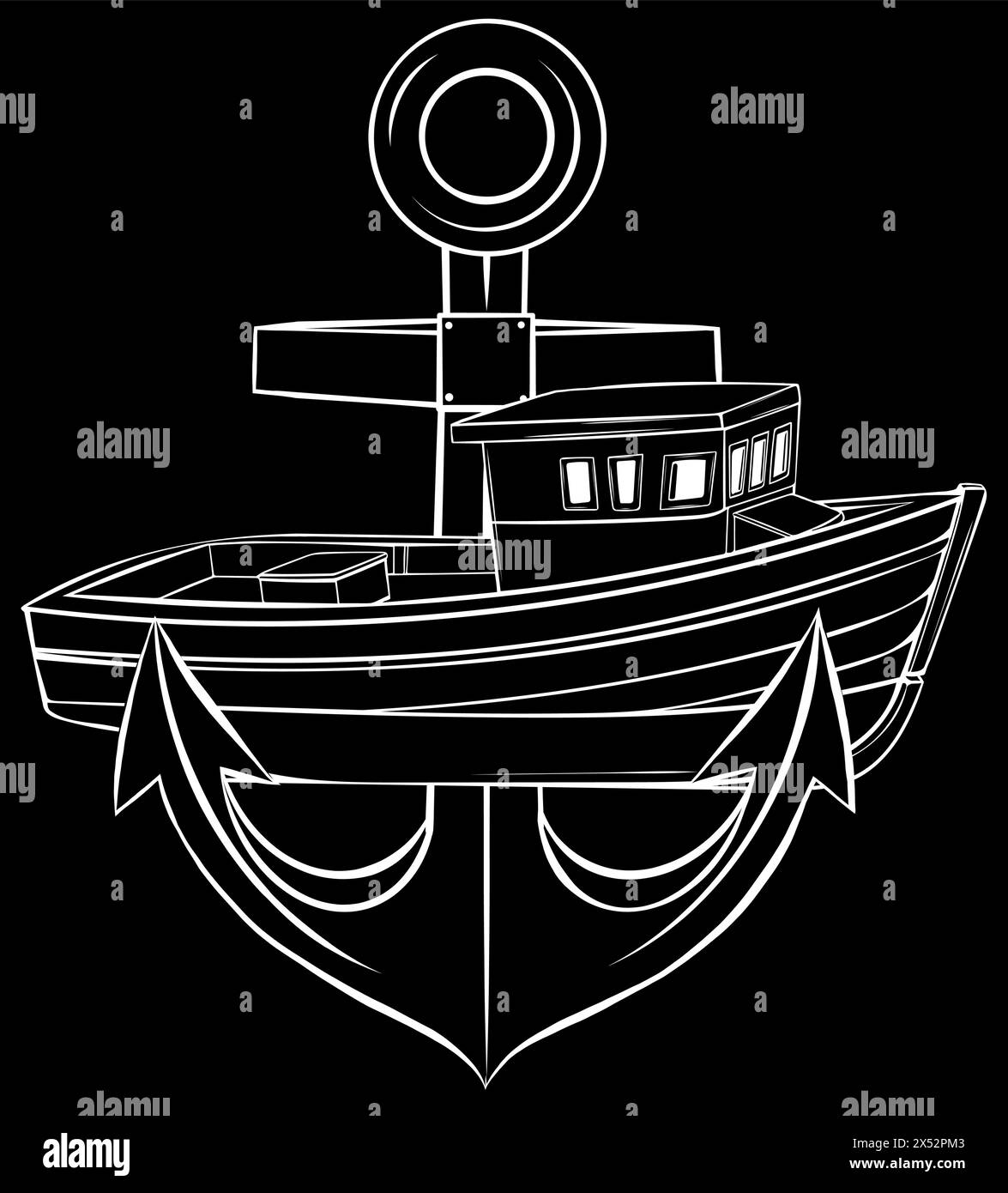 Weiße Silhouette eines Fischbootes mit Anker auf schwarzem Hintergrund Stock Vektor