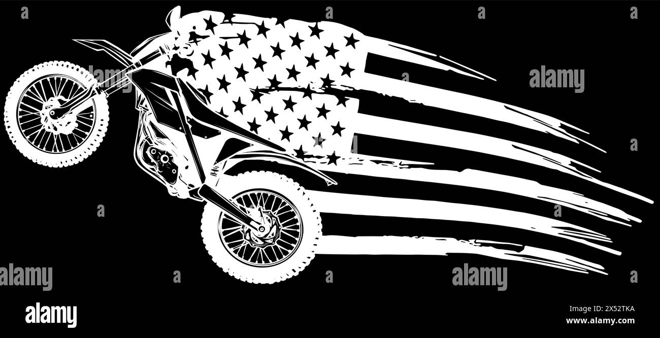 Weiße Silhouette des Motocross-Sports mit amerikanischer Flagge auf schwarzem Hintergrund - Illustrationsvektor Stock Vektor