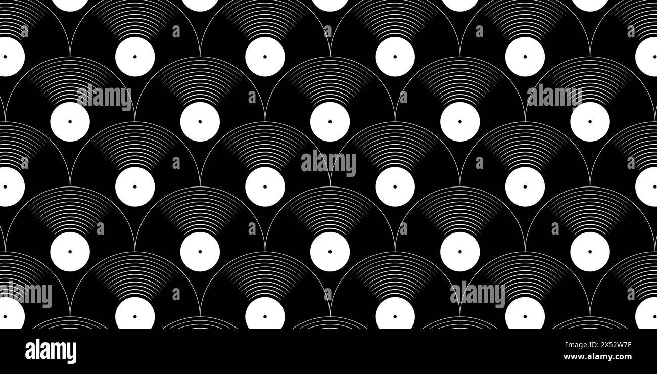 Nahtloses Muster von Vinylplatten. Reapiting Gramophon-LP-Musik-Discs isoliert auf weißem Hintergrund. DJ-Techno-Partykonzert. 70er 80er 90er Jahre Diskothek Nostalgie Tapete. Illustration der Vektorabwicklung. Stock Vektor