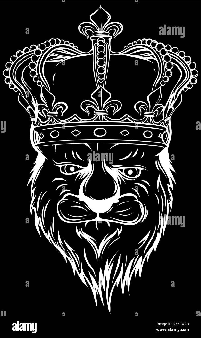 Weiße Silhouette des heraldischen Löwenkopfes mit Corwn auf schwarzem Hintergrund Stock Vektor