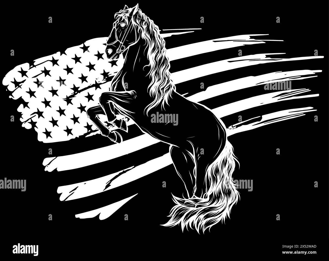 Weiße Silhouette der amerikanischen Horse Distressed Flag auf schwarzem Hintergrund Stock Vektor