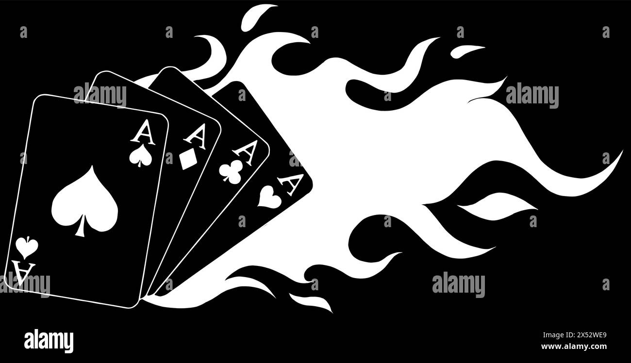 Weiße Silhouette von Spielkarten in Fächerform. 4 Asse auf schwarzem Hintergrund Stock Vektor