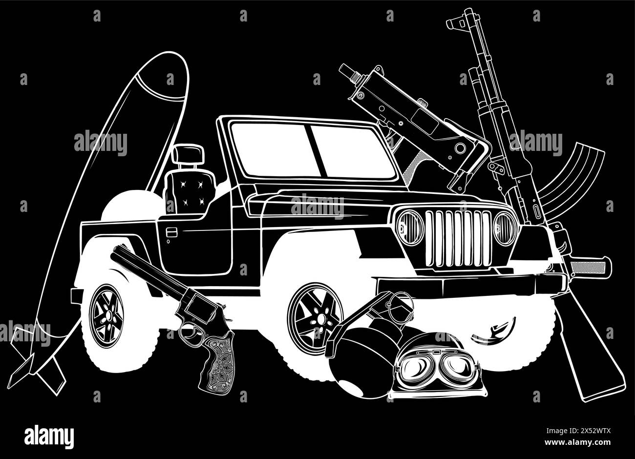 Weiße Silhouette eines Militärfahrzeugs mit montiertem Maschinengewehr Stock Vektor
