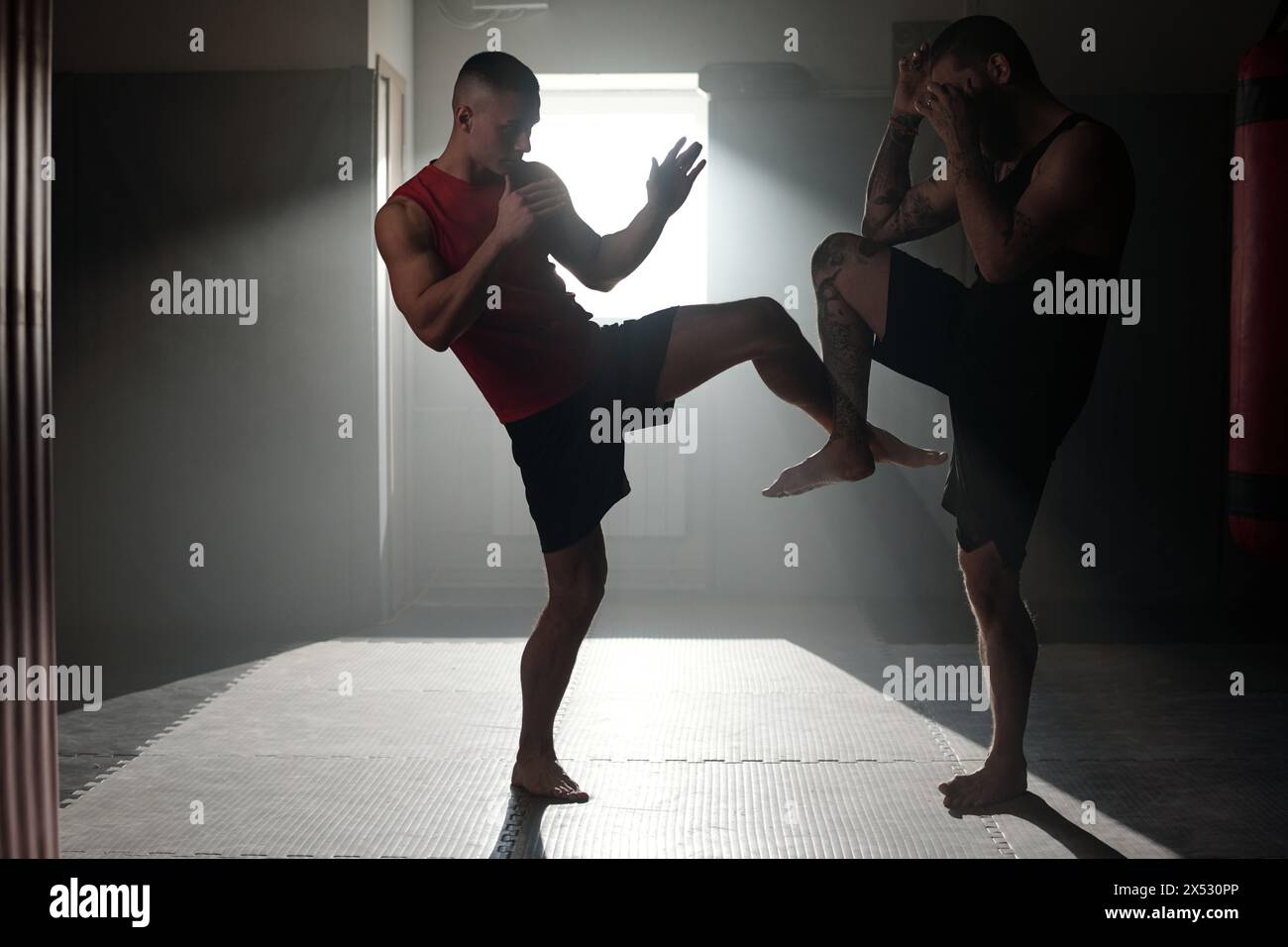 Silhouetten zweier junger starker Männer in Sportbekleidung, die auf dem Boden des Fitnessstudios stehen und vor dem Wettkampf Beintritte üben Stockfoto