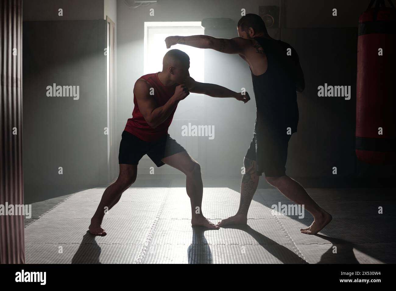 Hintergrundbeleuchtete Umrisse von zwei Boxern in Sportbekleidung, die im Fitnessstudio vor einander stehen und grundlegende Kicks und Boxtechniken üben Stockfoto