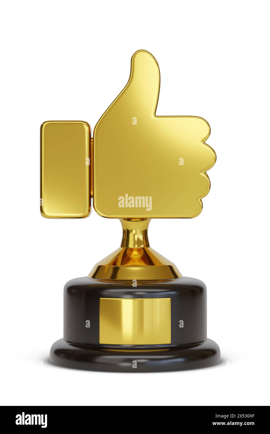 Goldene Daumen hoch Trophäe isoliert auf weißem Hintergrund. 3D-Abbildung. Stockfoto