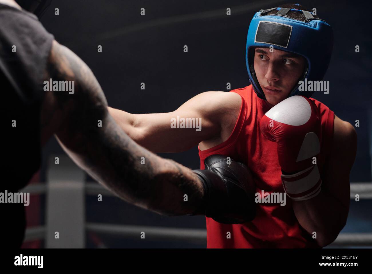 Hand in schwarzem Boxhandschuh eines muskulösen brutalen Athleten mit Tattoos, die seinen Rivalen in roter Sportbekleidung und Schutzhelm während des Trainings treten Stockfoto