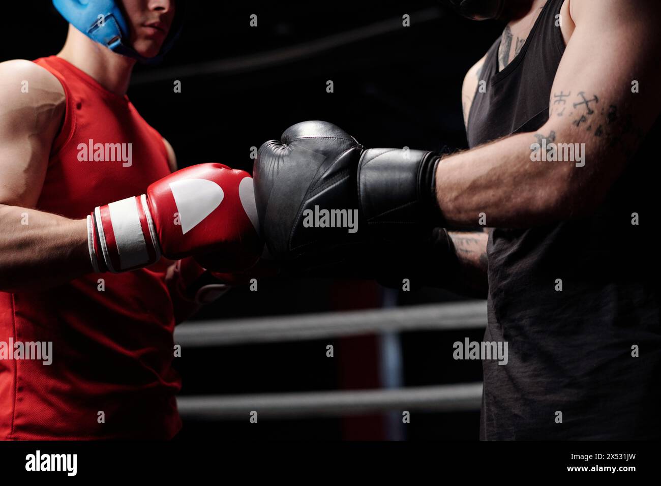 Abgeschnittener Schuss von zwei jungen muskulösen Boxern in Sportbekleidung, die sich vor Beginn der Sparringrunde an den Händen in Boxhandschuhen berühren Stockfoto