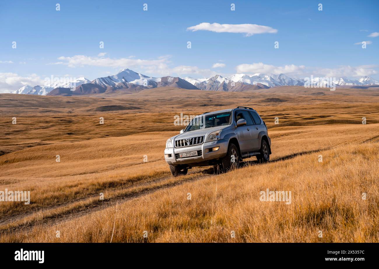 Offroad-Fahrzeug Toyota Land Cruiser fährt auf einer Strecke durch gelbes Gras, hinter vergletscherten Berggipfeln der Tien Shan Mountains, Sary Jaz Stockfoto