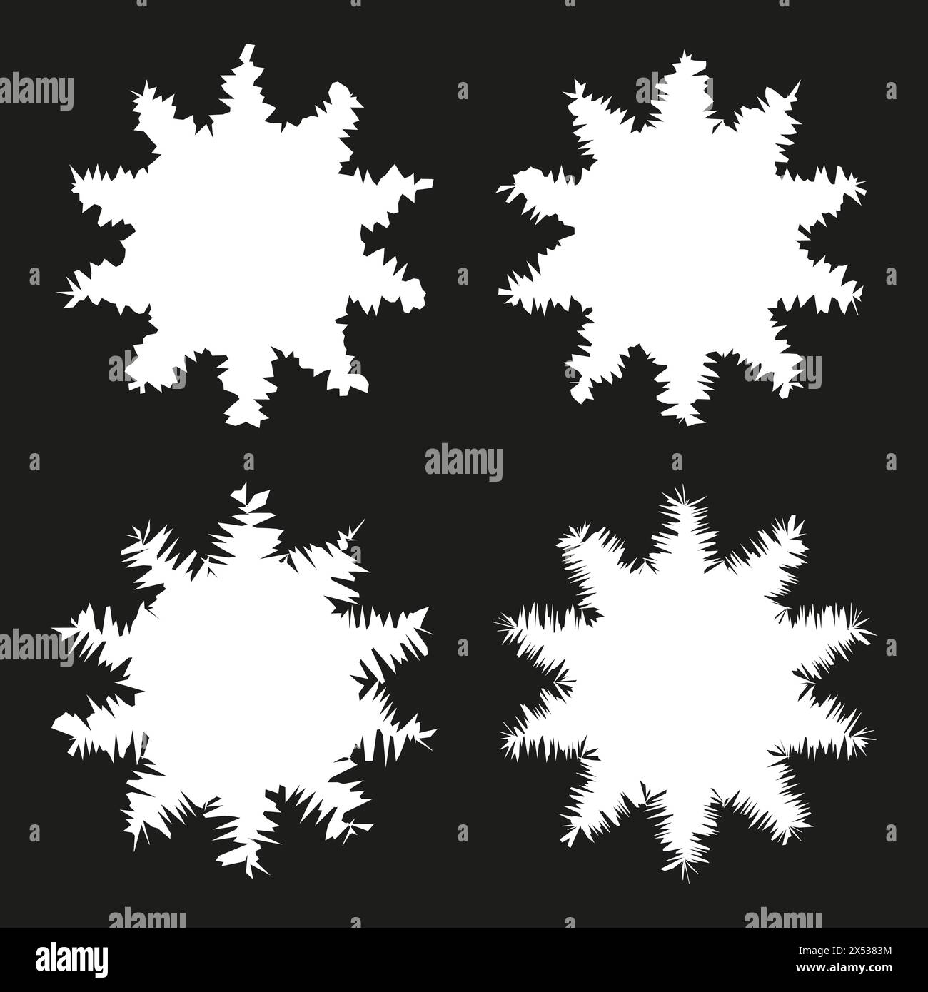 Vektor Schneeflocken Silhouette Set. Einzigartige geometrische Eiskristall-Designs. Symmetrische Muster für die Wintersaison. Stock Vektor