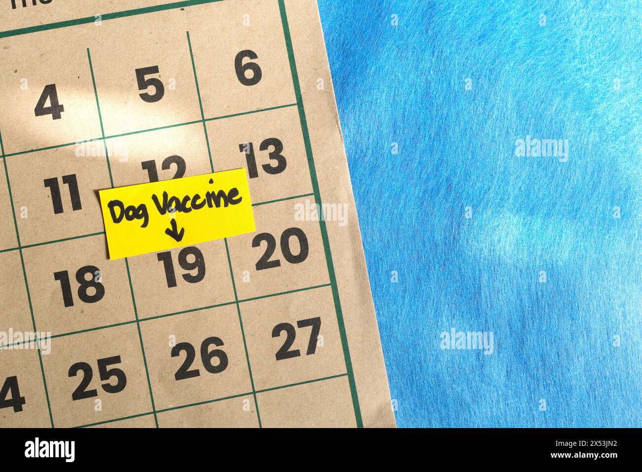 Welpen- oder Hundeimpfplan-Konzept. Schriftliche Erinnerungsnotiz auf dem Kalender. Stockfoto