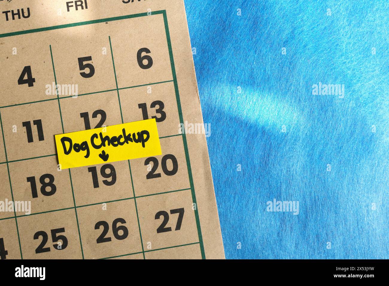 Konzept für Hundeuntersuchungen. Schriftliche Erinnerungsnotiz auf dem Kalender. Stockfoto