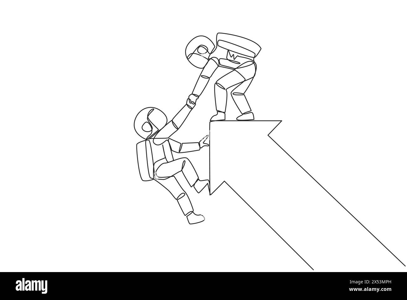 Ein einziger Astronaut zog den Arm eines anderen Astronauten, der fast vom großen Pfeil fiel. Teamarbeit, um Kollegen zu helfen. Galaxy Deep s Stock Vektor